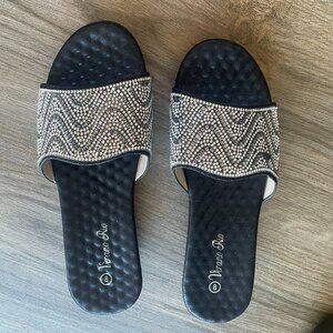 Verano Rio Women's Black & Silver Rhinestone Slide Wedge Sandals  Size 8